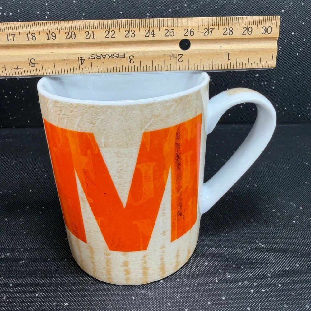 Pier 1 Imports Porcelain Coffee Mug Letter M Monogram Orange Tan Wood Grain 4in